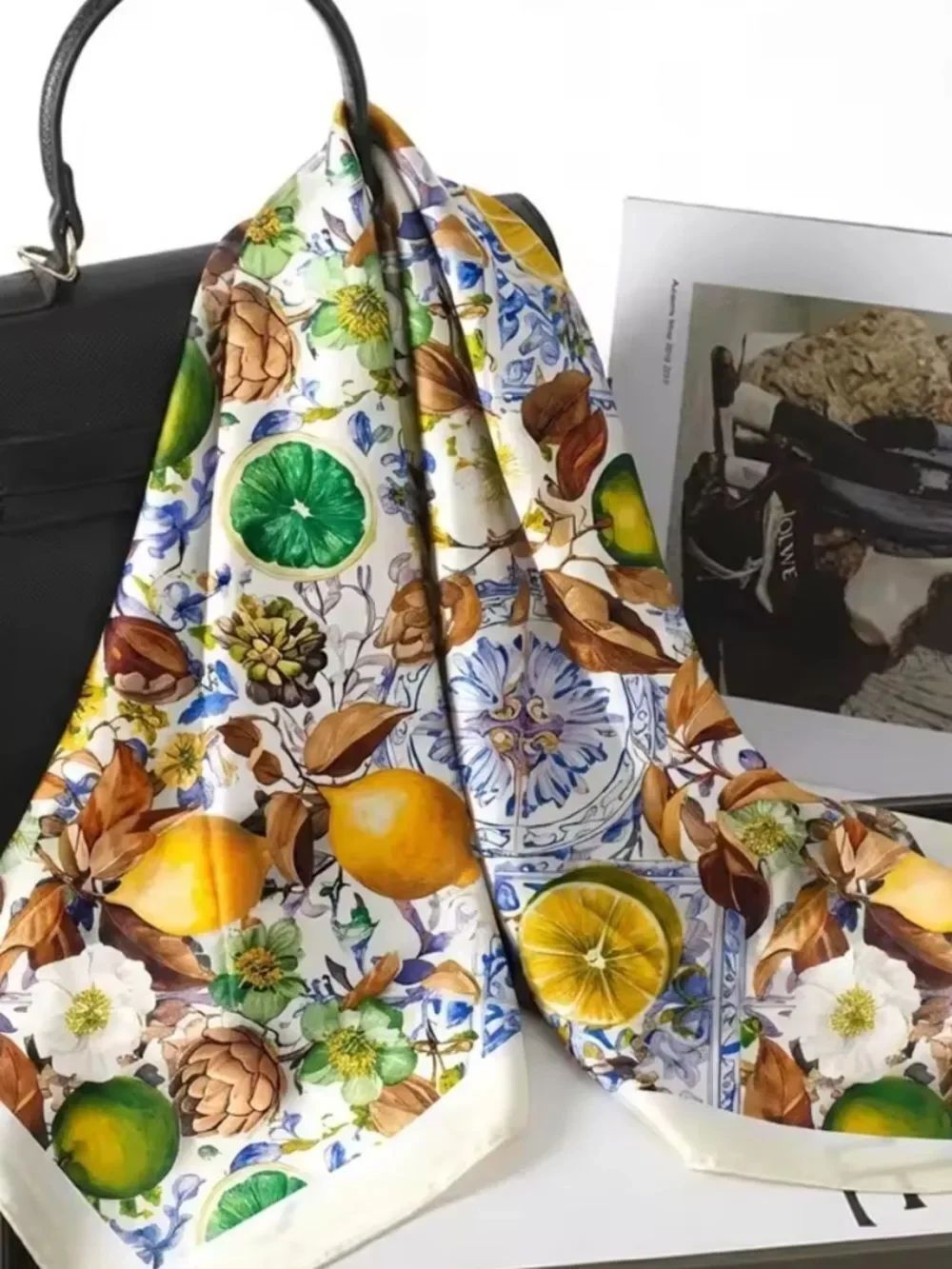 Fruit & Floral Print Silk-Look Scarf in Yellow, Green, Orange